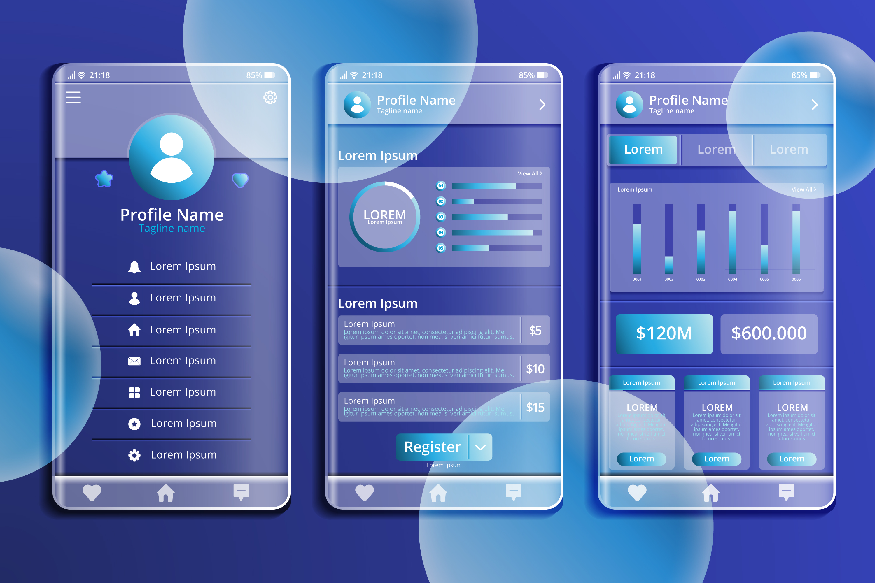 Aplicativo de perfil com botões, abas e menus em Glassmorphism